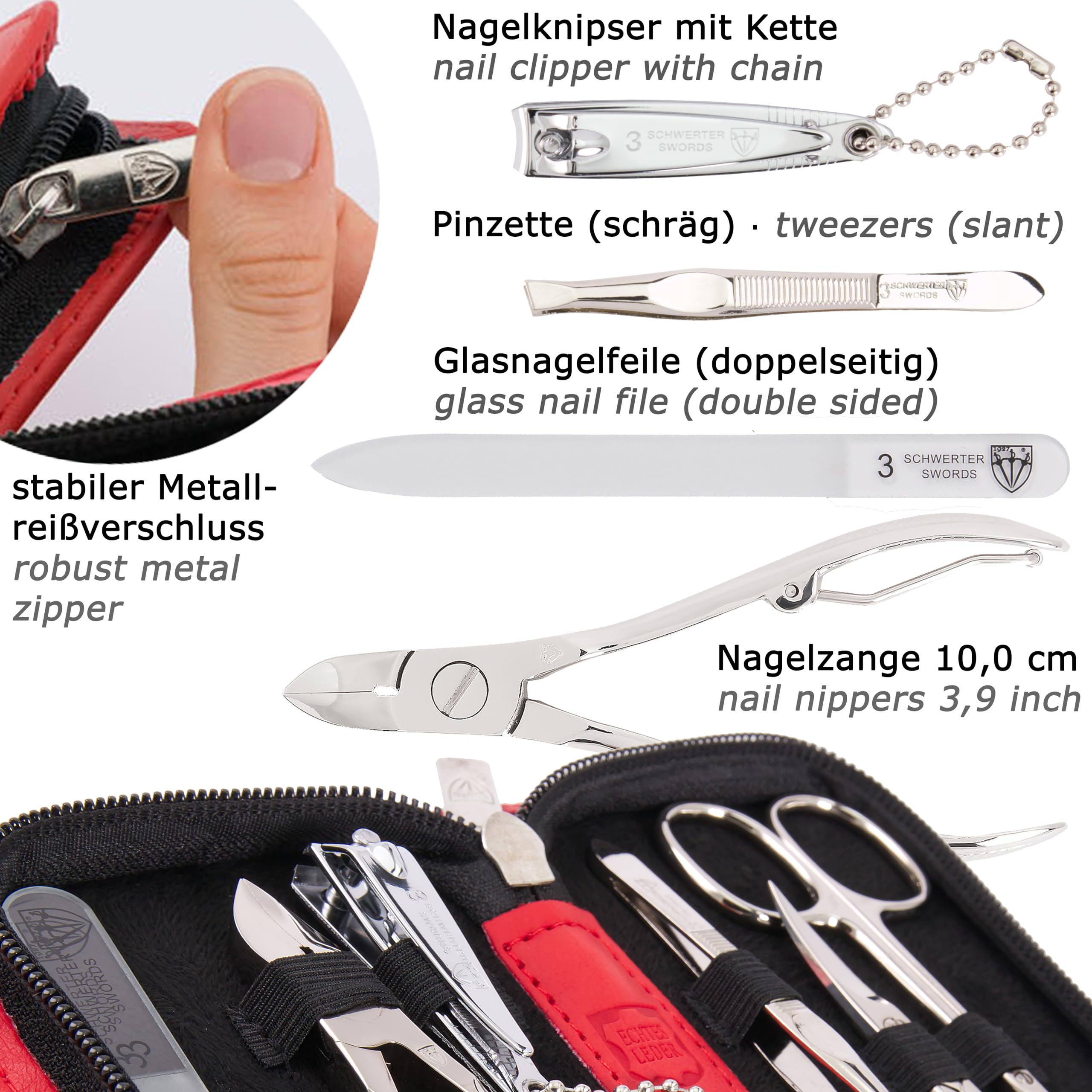 THREE SWORDS - Exclusive 6-Piece MANICURE - PEDICURE - GROOMING - NAIL CARE set / kit / case - Made in Solingen / Germany (213907)